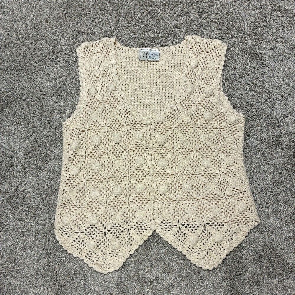 IVY Hand Knit Crochet Button Up Vest Medium Cream Ramie Cotton Cottage Boho VTG